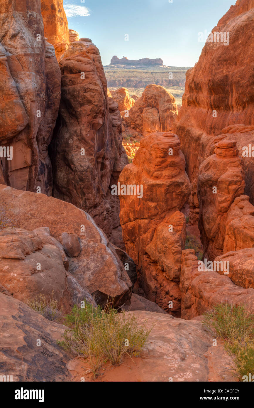 Les ailettes de grès lieu de la fournaise ardente de Parc National Arches dans l'Utah. Banque D'Images