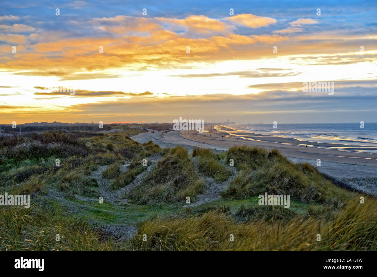 Coucher du soleil d'hiver à Wenduine près de la mer, Belgique Banque D'Images