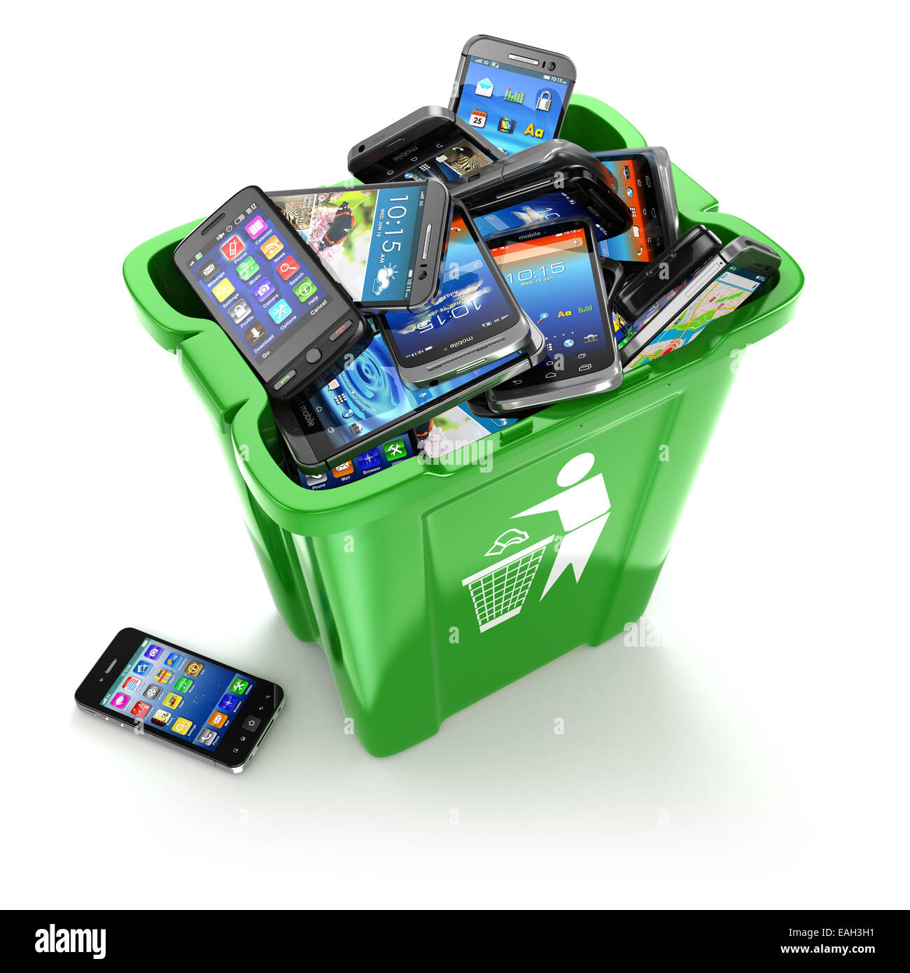 Téléphones mobiles en poubelle isolé sur fond blanc. Concept de l'utilisation de téléphones cellulaires. 3d Banque D'Images
