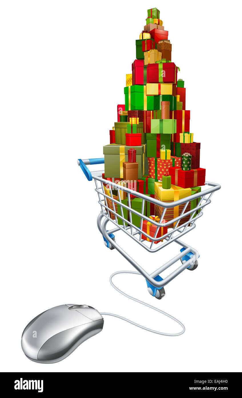 Internet web en ligne des achats de Noël, une souris d'ordinateur connecté à chariot remplis de cadeaux Banque D'Images