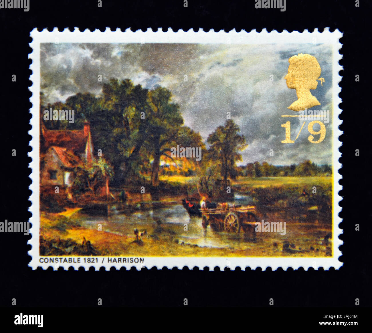 Timbre-poste. La Grande-Bretagne. La reine Elizabeth II. Peintures britanniques. 1967. 'Le Hay Wain', John Constable, 1821. 1/9. Banque D'Images
