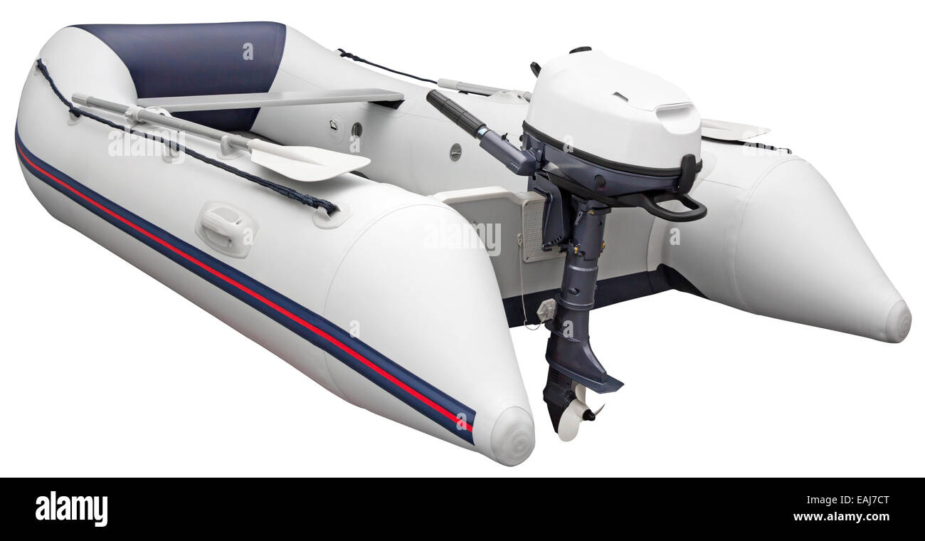 Annexe gonflable avec moteur hors-bord, isolé sur fond blanc avec Clipping Path Banque D'Images