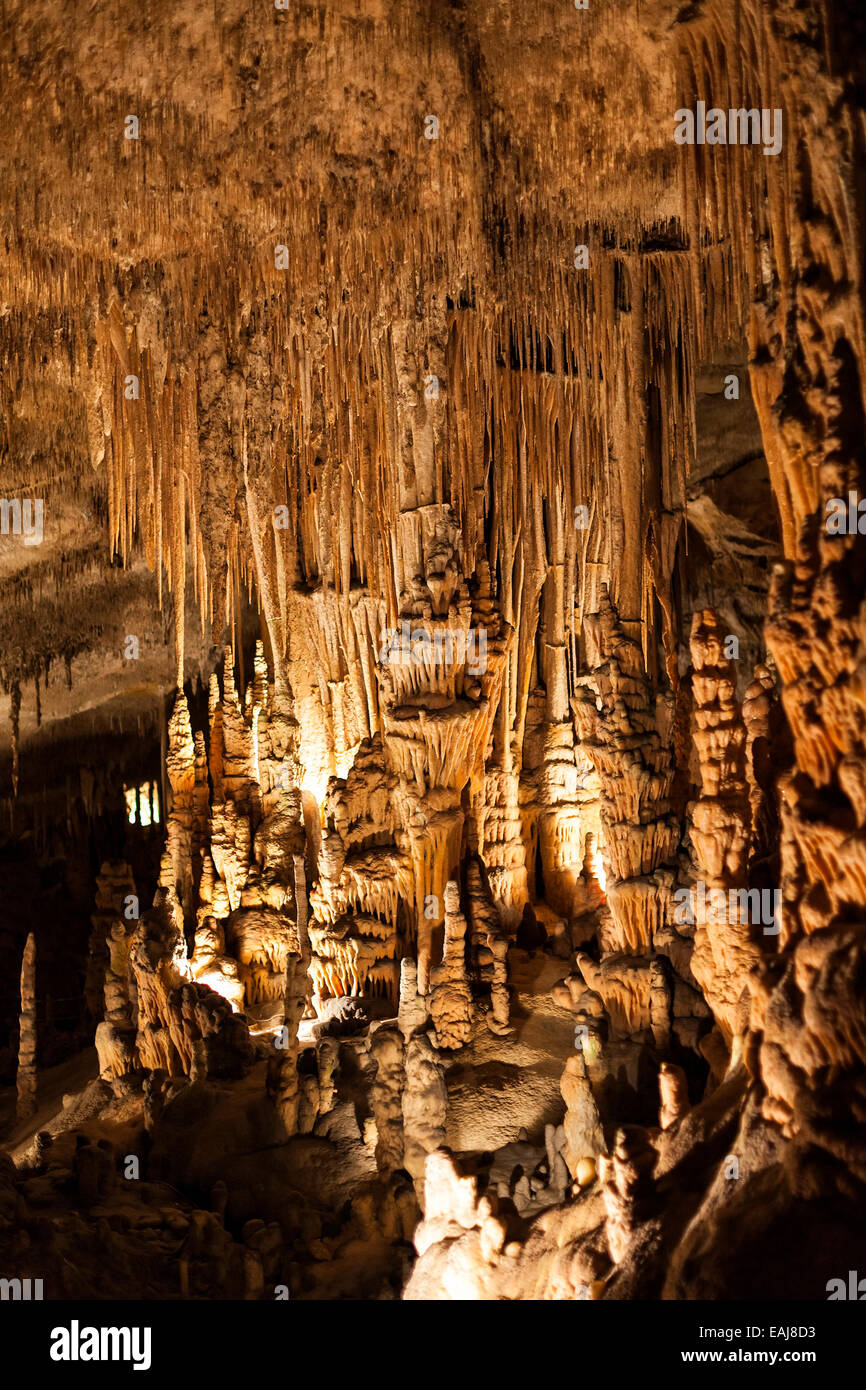 Stalactites et stalagmites dans les grottes del Drach à Majorque, avec l'un des plus grands lacs salés souterraine dans le monde Banque D'Images