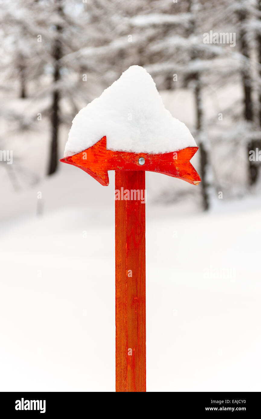 Un panneau rouge couverte de neige dans la forêt Banque D'Images