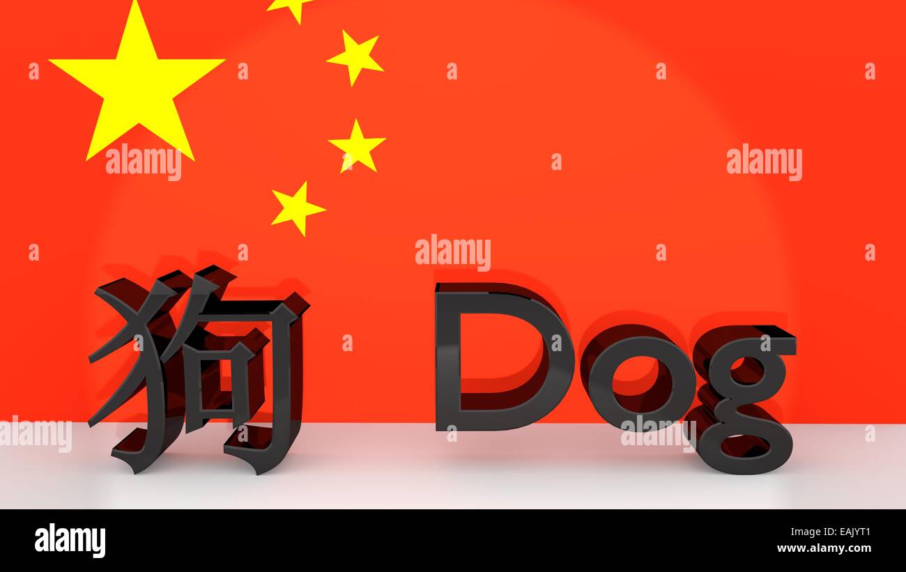 Les caractères chinois pour le signe du zodiaque chien avec traduction anglaise faite de métal devant sur un drapeau chinois. Banque D'Images