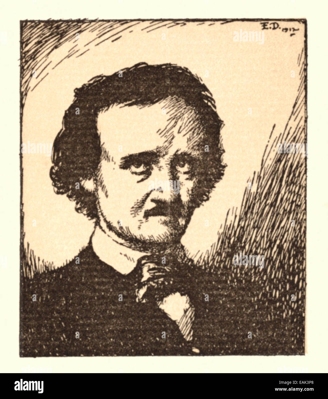 Portrait d'Edgar Allan Poe (1809-1849), illustration par Edmund Dulac (1882-1953) qui a illustré un recueil de ses travaux publiés en 1912. Banque D'Images