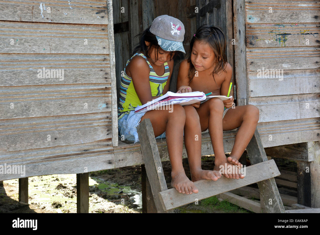 Deux filles qui étudient dans un village indien, assis sur les marches de leur hutte, Nationalpark-Mamirauá, près de l'état d'Amazonas, Tefe Banque D'Images
