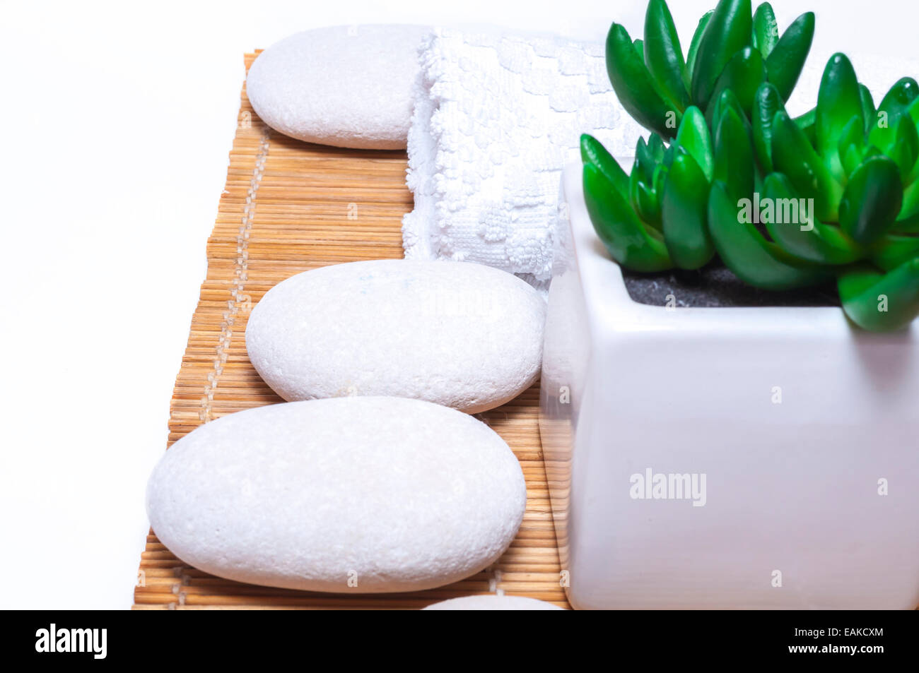 Paramètres de Spa bambou mince beige mat : fleur vert, pierres, serviette et mat. Banque D'Images