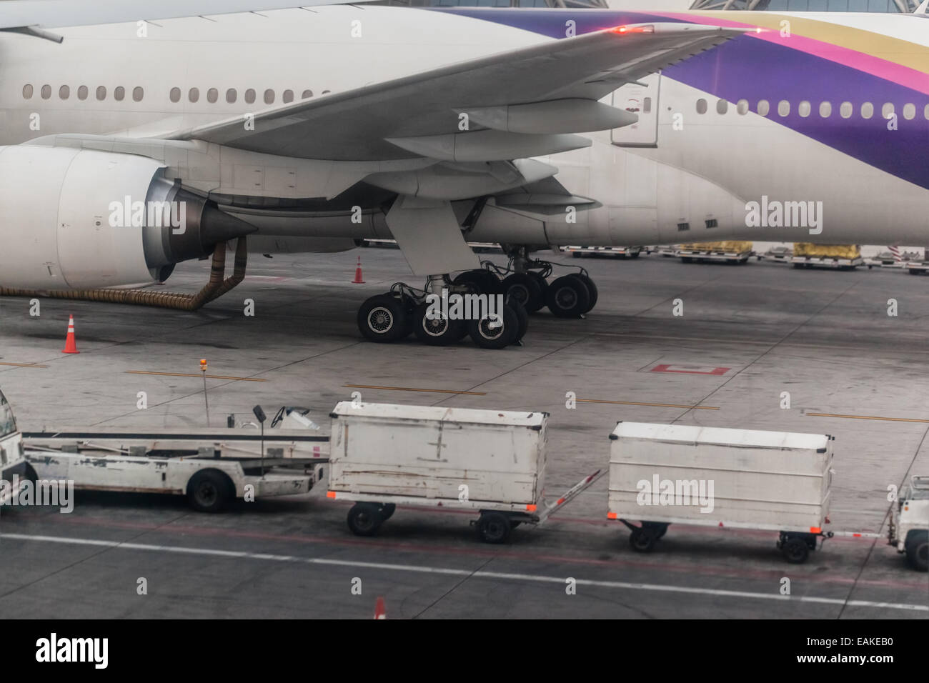 Un avion dans l'aéroport avec un chariot à bagages à proximité Banque D'Images