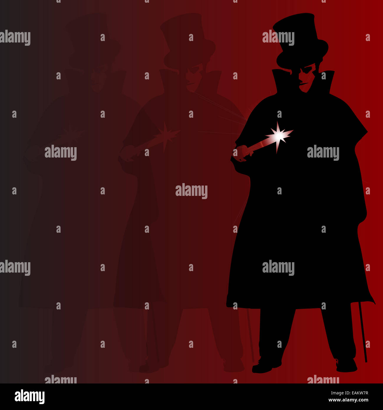Jack the Ripper un arrière-plan avec ombre et silhouette sur un fond rouge Banque D'Images