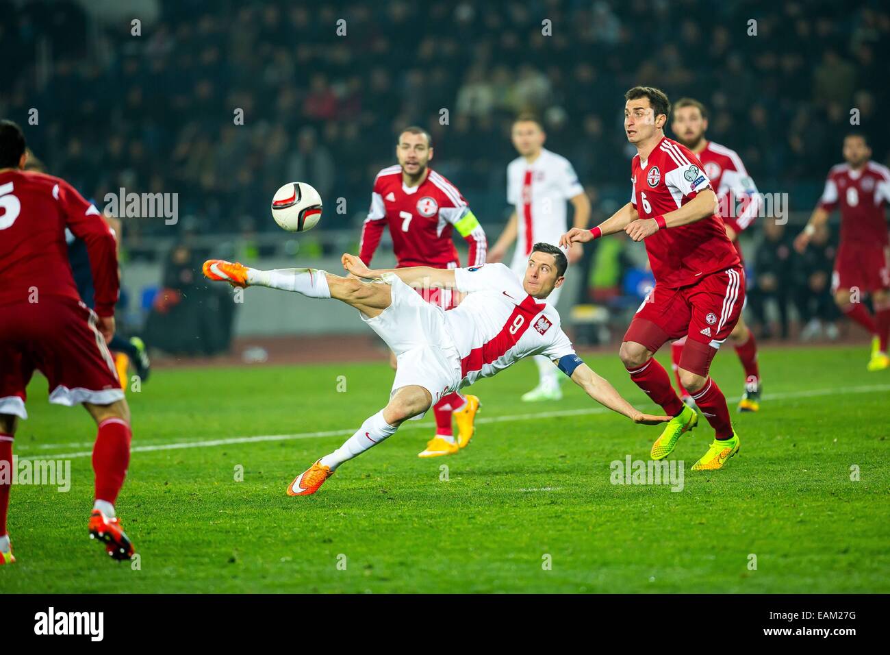 2014.11.14, Tbilissi, Géorgie, Tbilissi, football, UEFA EURO 2016 qualificatifs, Géorgie, Pologne - . n z [Robert Lewandowski] (Polska), fot. Lukasz Skwiot/Foto Olimpik Banque D'Images