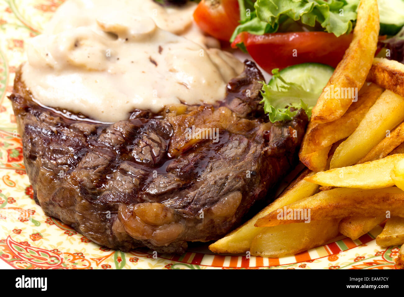 Gros plan du faux-filet grillé Steak de boeuf servi avec une sauce aux champignons, salade et pommes de terre frites. Banque D'Images