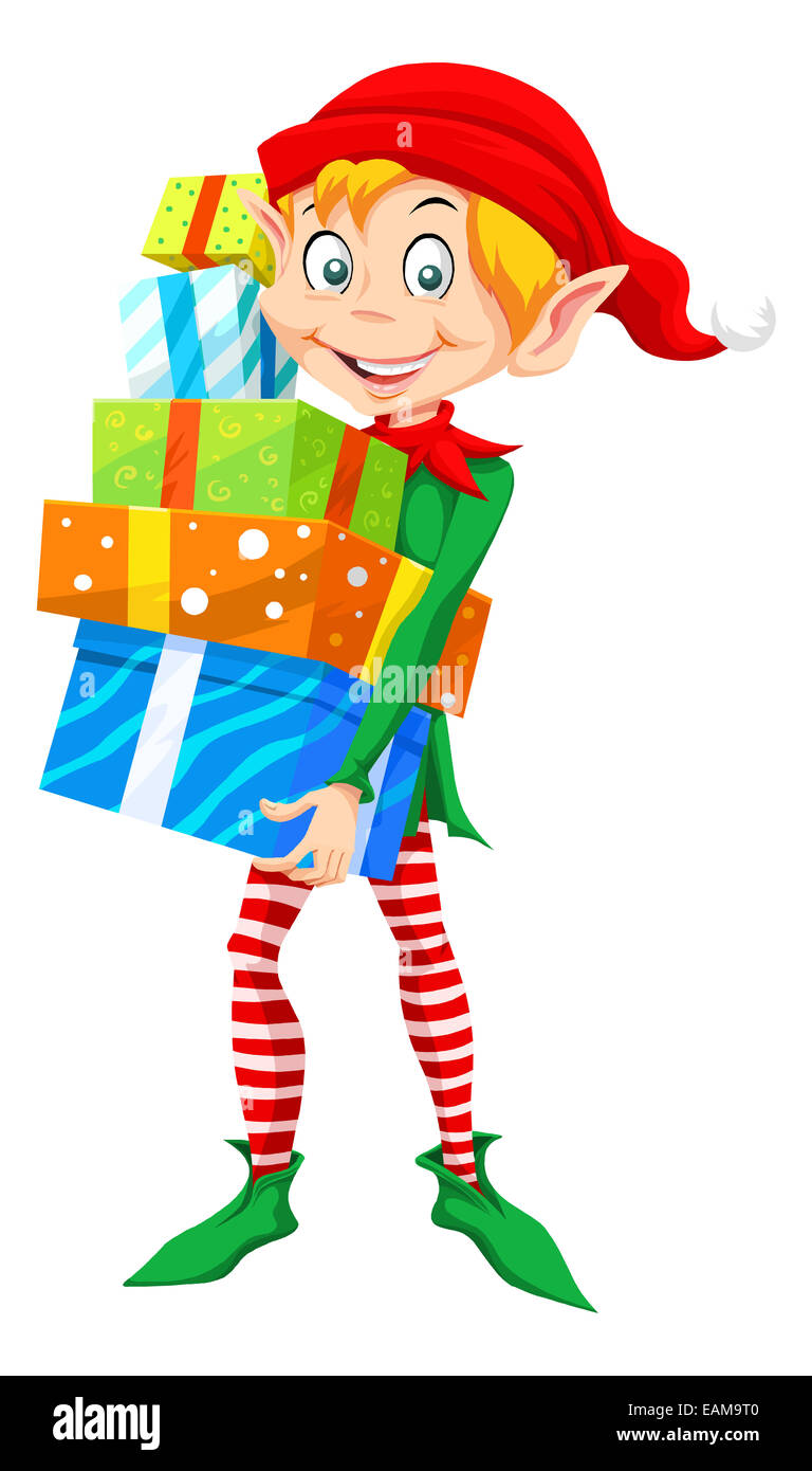 Lutin de Noël portant une pile de cadeaux de Noël, vector illustration Banque D'Images