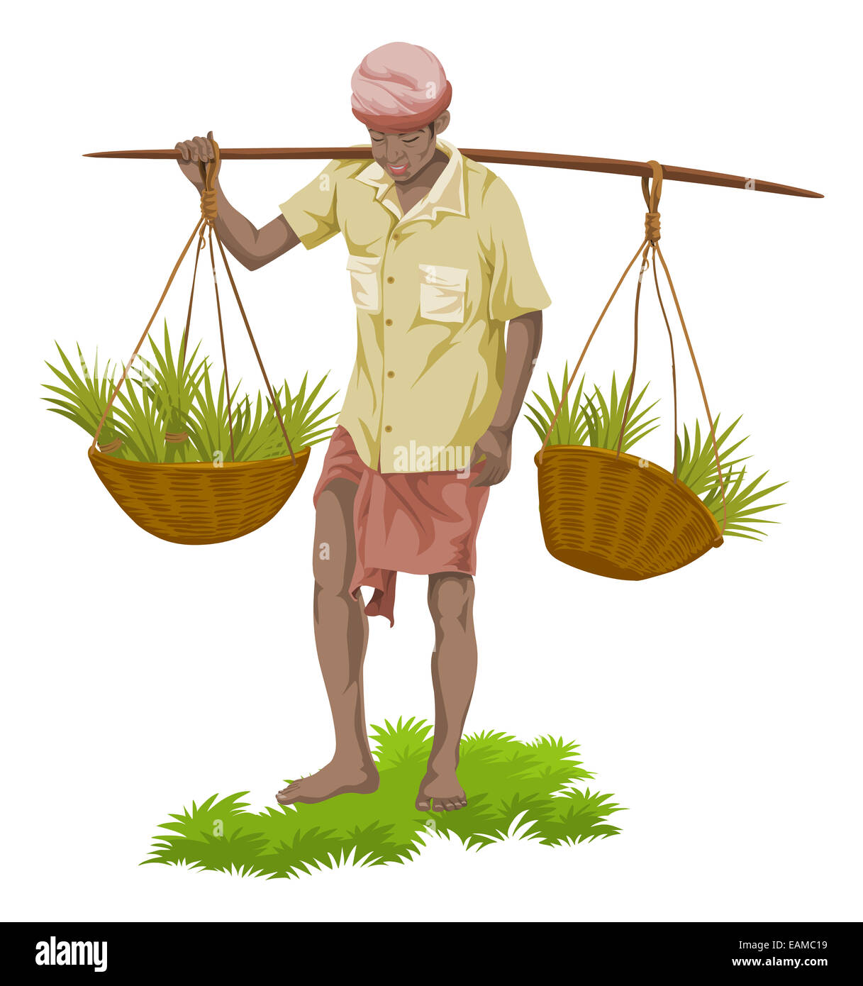Vector illustration de vendeur de légumes de la rue portant des paniers de légumes. Banque D'Images