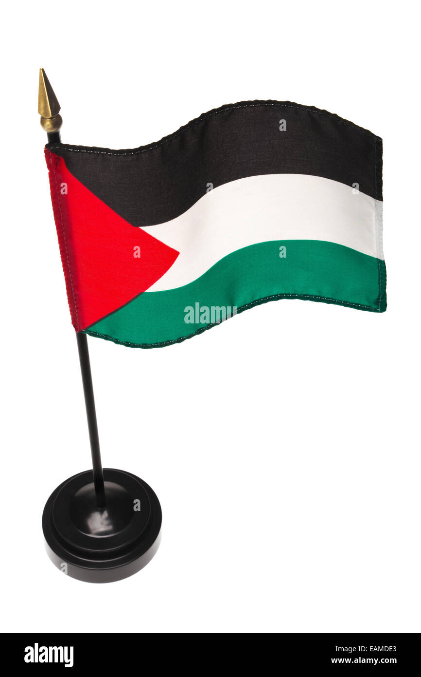 Petit drapeau de la Palestine dans un peuplement isolé sur un fond blanc. Angle élevé. Banque D'Images