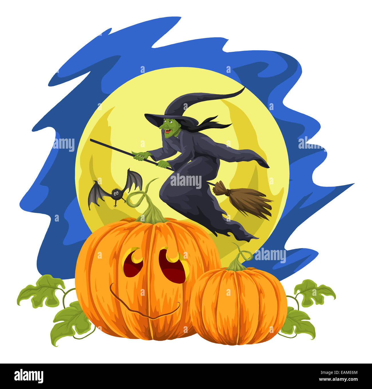 Vector illustration de citrouilles d'halloween et sorcières voler en face de lune. Banque D'Images