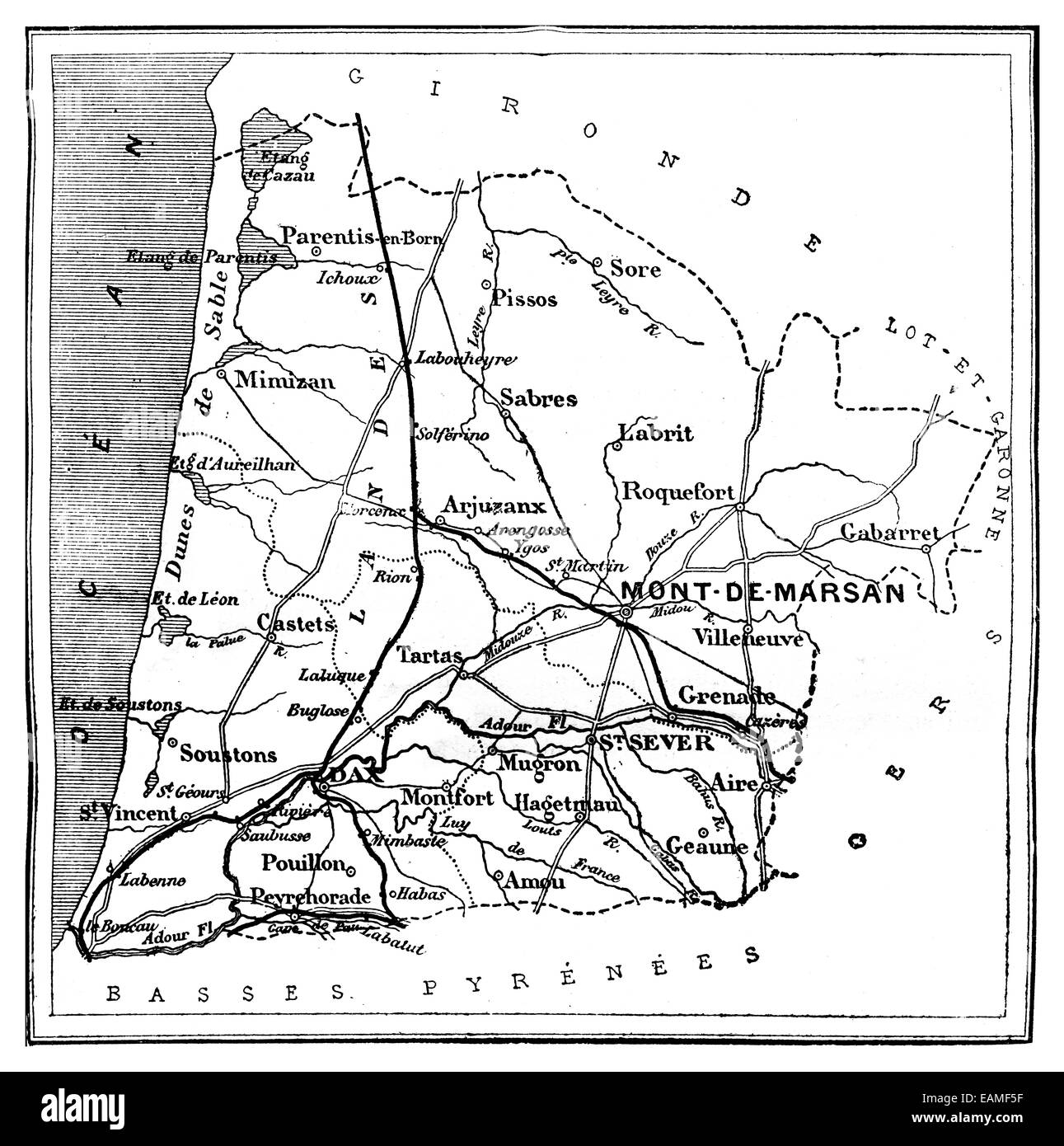 Carte de département des Landes, vintage engraved illustration. Journal des voyages, Journal de voyage, (1879-1880). Banque D'Images