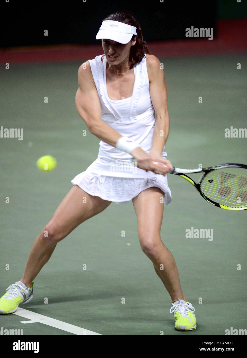 New Delhi. 17 novembre, 2014. Martina Hingis de Hyderabad Aces renvoie une tourné contre Venus Williams de Bangalore rapaces dans la Ligue des champions de tennis (CTL) à la Lal Bahadur Stadium à Hyderabad, Inde, le 17 novembre 2014. Credit : Stringer/Xinhua/Alamy Live News Banque D'Images