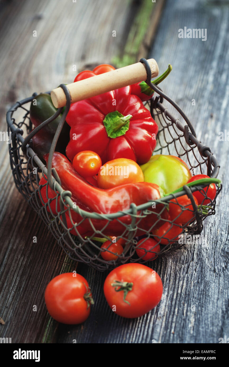 Les poivrons et les tomates sur un fond de bois Banque D'Images