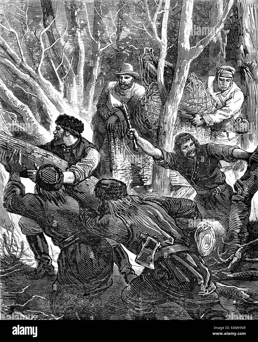 Les drames de l'air. Doit couper les arbres qui gênaient, vintage engraved illustration. Journal des voyages, Journal de voyage, (1879-1880). Banque D'Images