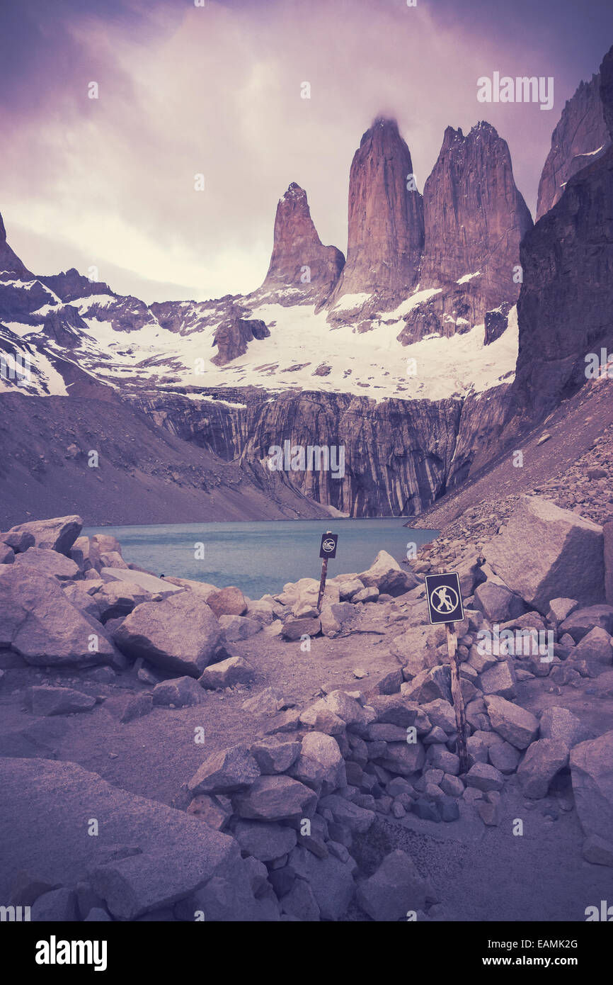 Filtrée rétro photo du Parc National Torres del Paine. Banque D'Images