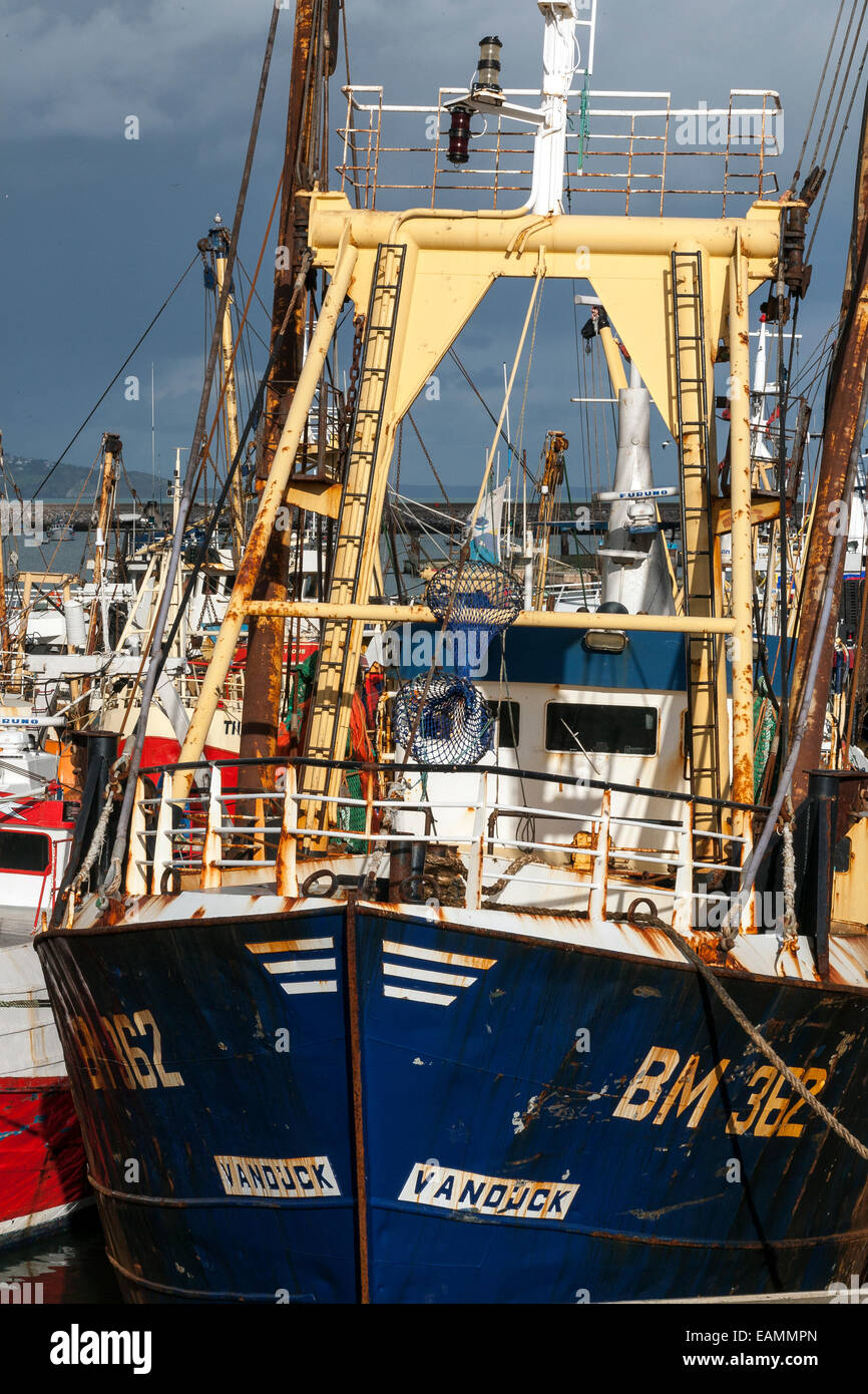 362 chalutier amarré à Brixham avec la flotte, les marchandises générales, voyage, navire, de la cargaison, avant, par antenne, l'exportation, de camionnage, d'afficher, vesse Banque D'Images