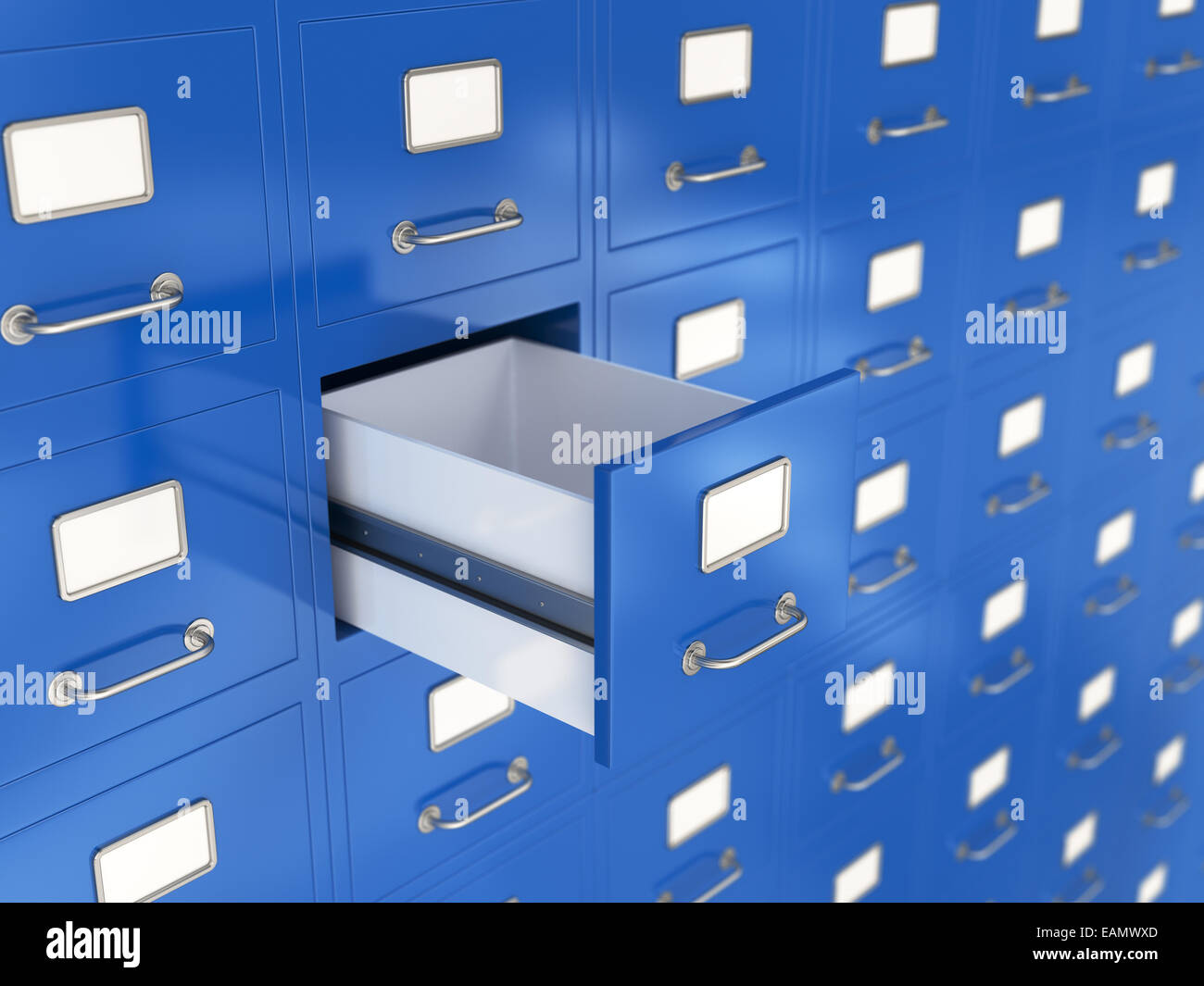 Fichier de rendu 3D avec un tiroir ouvert. Concept de stockage Banque D'Images