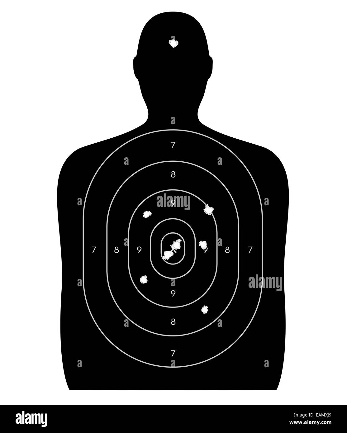 Cible de tir des armes à feu en forme d'un humain, avec des trous de balle dans l'oeil de boeuf et un tir. Isolé sur fond blanc Banque D'Images