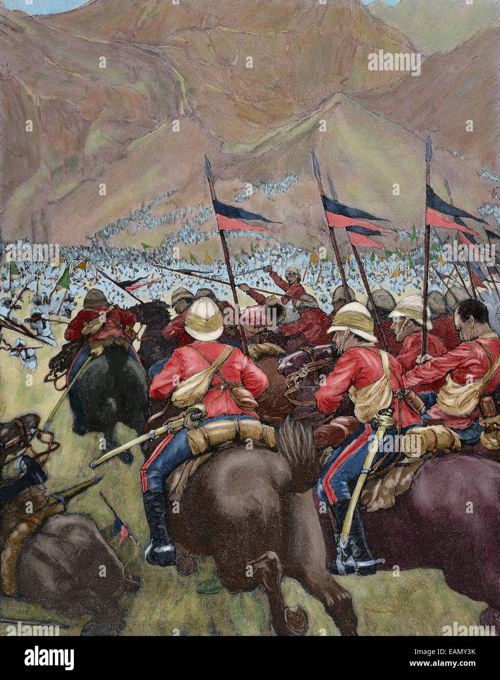 L'Afrique. Le colonialisme. La charge de la cavalerie anglaise. Dans la Péninsule Ibérique gravure Illustration, 1898. De couleur. Banque D'Images