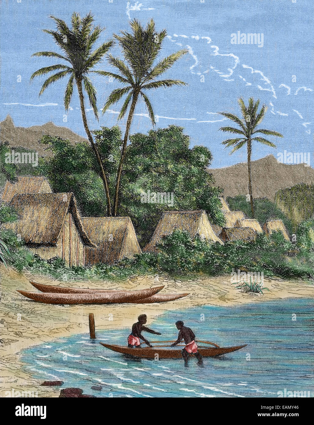 Île de Madagascar. Tamatave. Gravure en familiers hebdomadaire pittoresque, 1882. De couleur. Banque D'Images