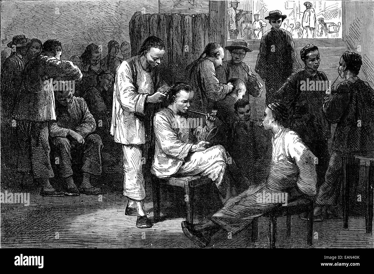 Les barbiers chinois. Commandes clients en attente de leur nombre, vintage engraved illustration. Journal des voyages, Journal de voyage, (1879-1880). Banque D'Images