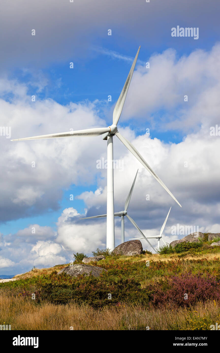 Éoliennes au sommet d'une colline pour la production d'énergie propre et renouvelable en Terras Altas de Fafe, Portugal Banque D'Images