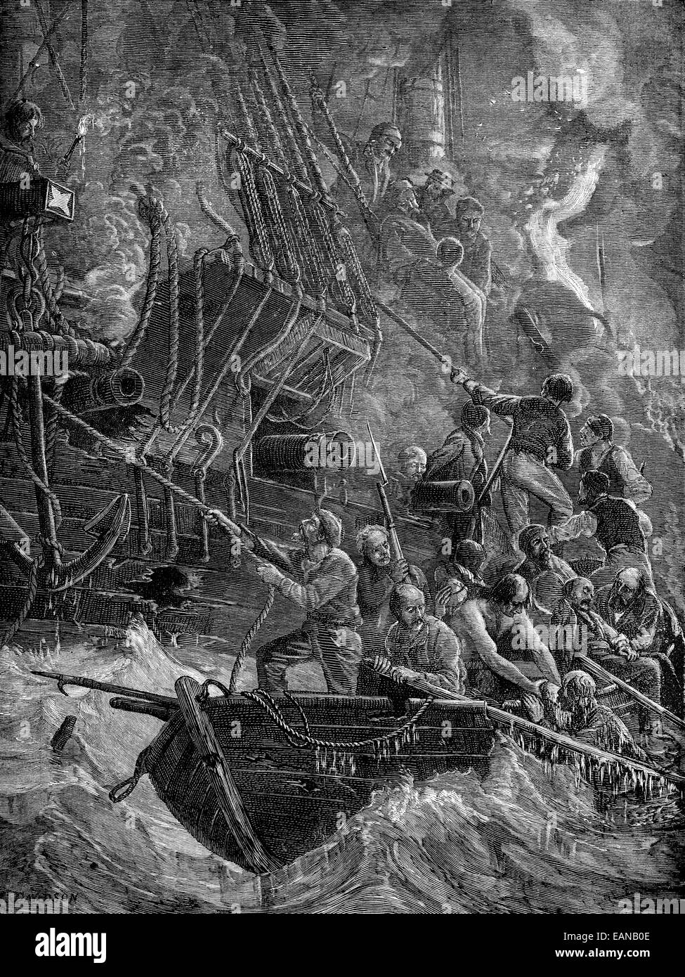 Perte d'Acteon. Ils ont mis le feu au navire, vintage engraved illustration. Journal des voyages, Journal de voyage, (1879-1880). Banque D'Images