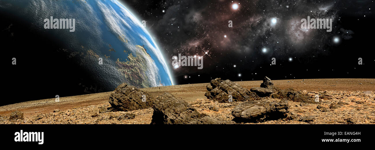 Un artiste pour l'inscription d'avis d'un éperon rocheux et aride monde étranger. Une grande planète Terre-like se lève sur l'environnem airless Banque D'Images