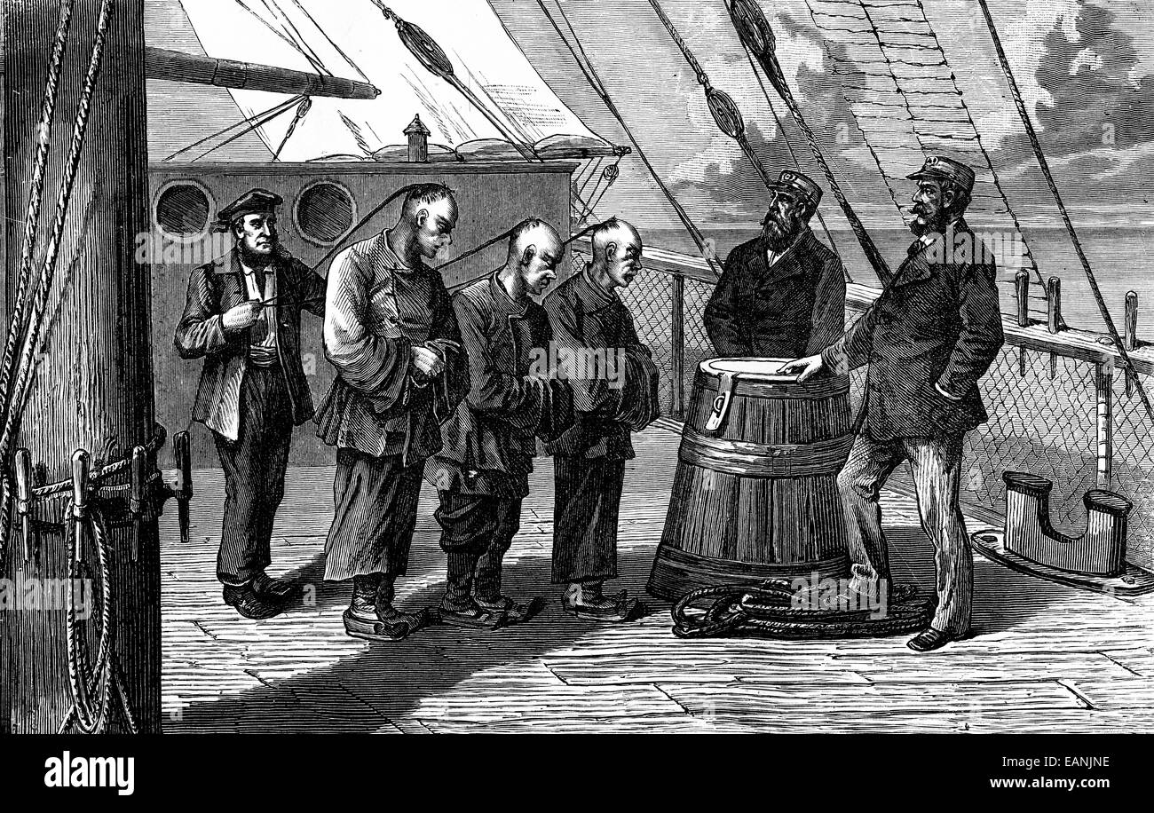 Les trois coupables. Elles ont été prises en présence du capitaine, vintage engraved illustration. Journal des Voyage, Journal de voyage, (1879-1880). Banque D'Images