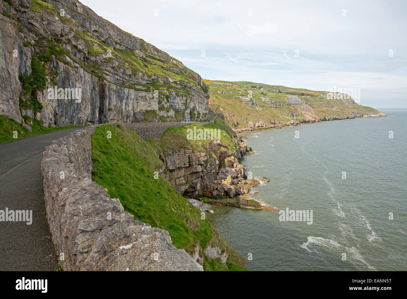 Route étroite, Marine Drive, enroulement autour du périmètre de la colline, le grand orme, à Llandudno avec Mer d'Irlande à la base des hautes falaises Banque D'Images