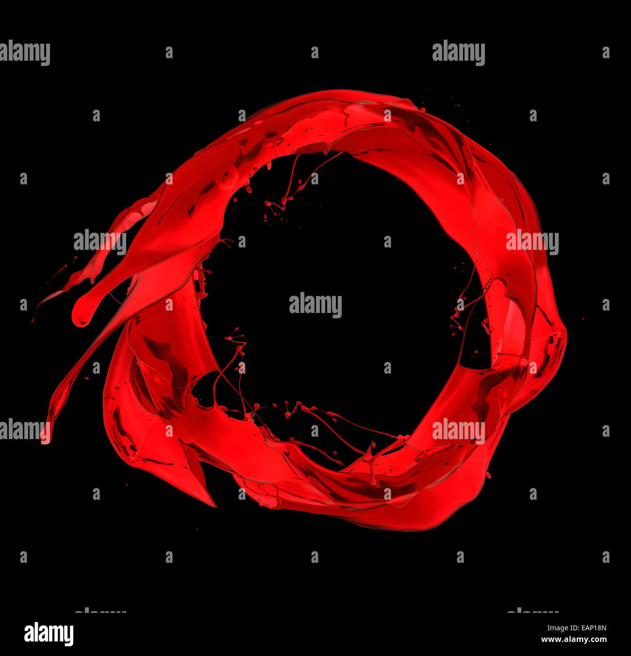 Éclaboussures de peinture rouge, cercle isolé sur fond noir Banque D'Images