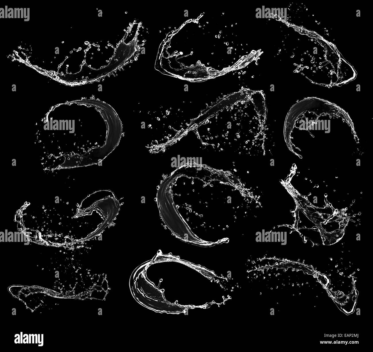 Les projections d'eau collection, isolé sur fond noir Banque D'Images