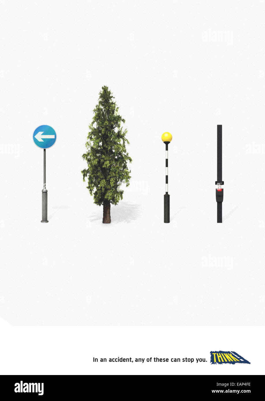 Affiche de la ceinture du Royaume-Uni pense ! Campagne de sécurité routière. Voir la description pour plus d'informations. Banque D'Images