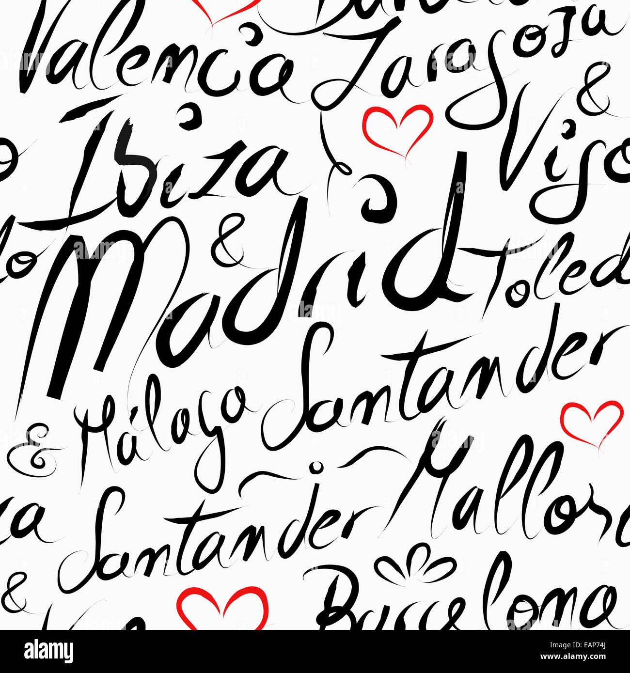Billet d'Espagne avec des villes célèbres de la calligraphie. La ville de Madrid, Barcelone, Valence, Ibiza, Majorque. Zone de modèle sans couture Banque D'Images