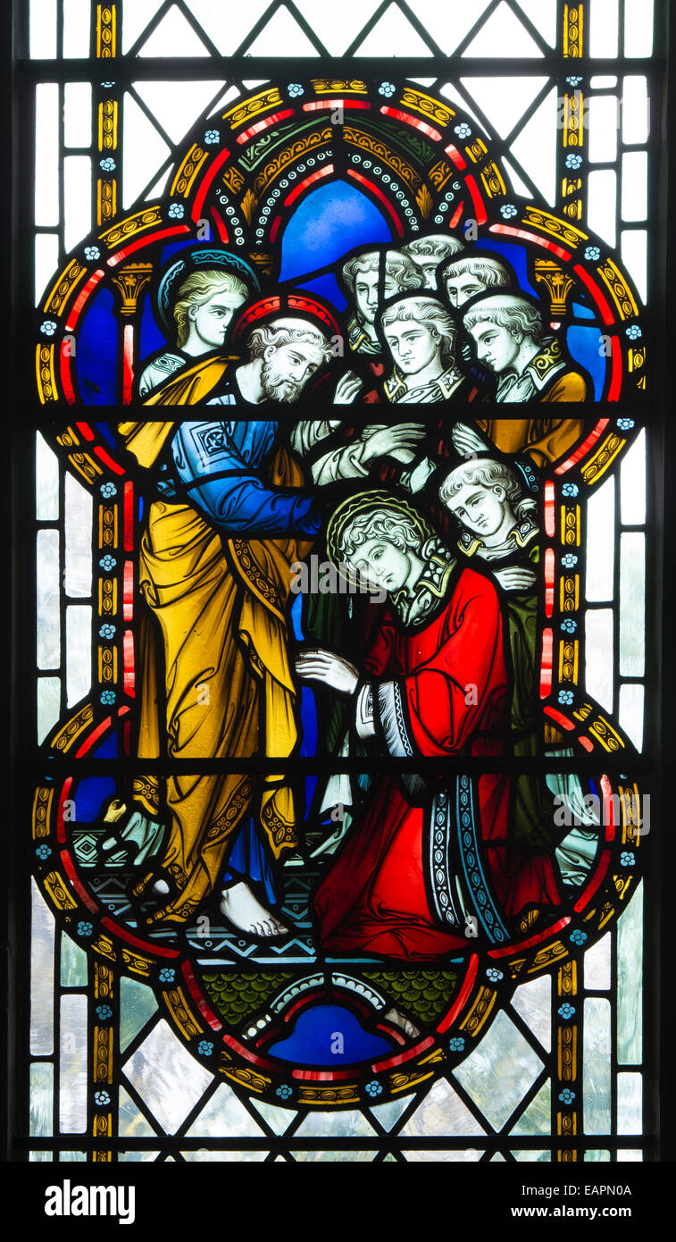 Coordination des vitraux de Saint Stephen Hardman à Saint-Jean Chapelle, Cathédrale de Worcester, Royaume-Uni Banque D'Images