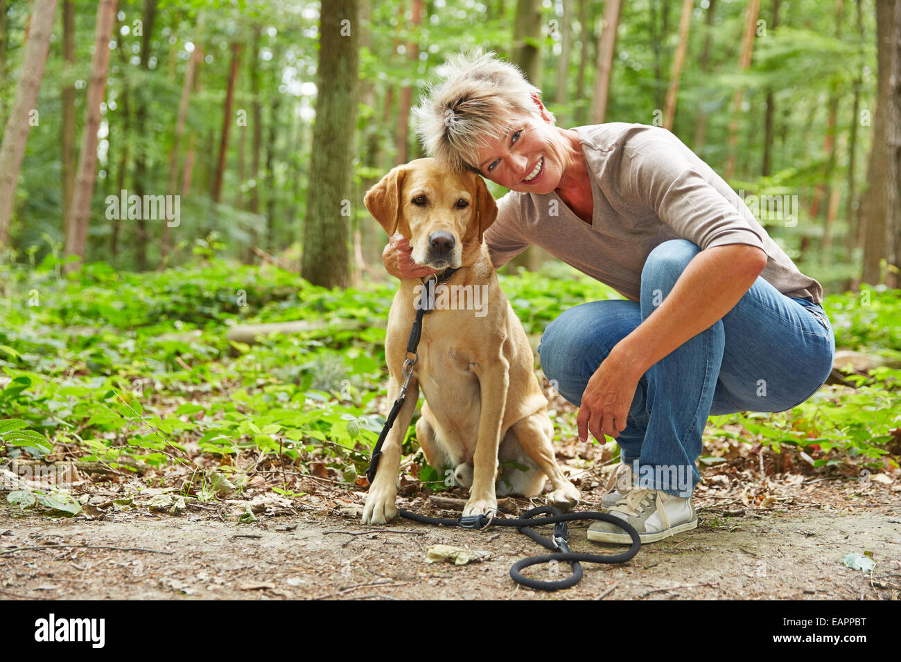 Happy woman sitting with labrador retriever dans une forêt Banque D'Images