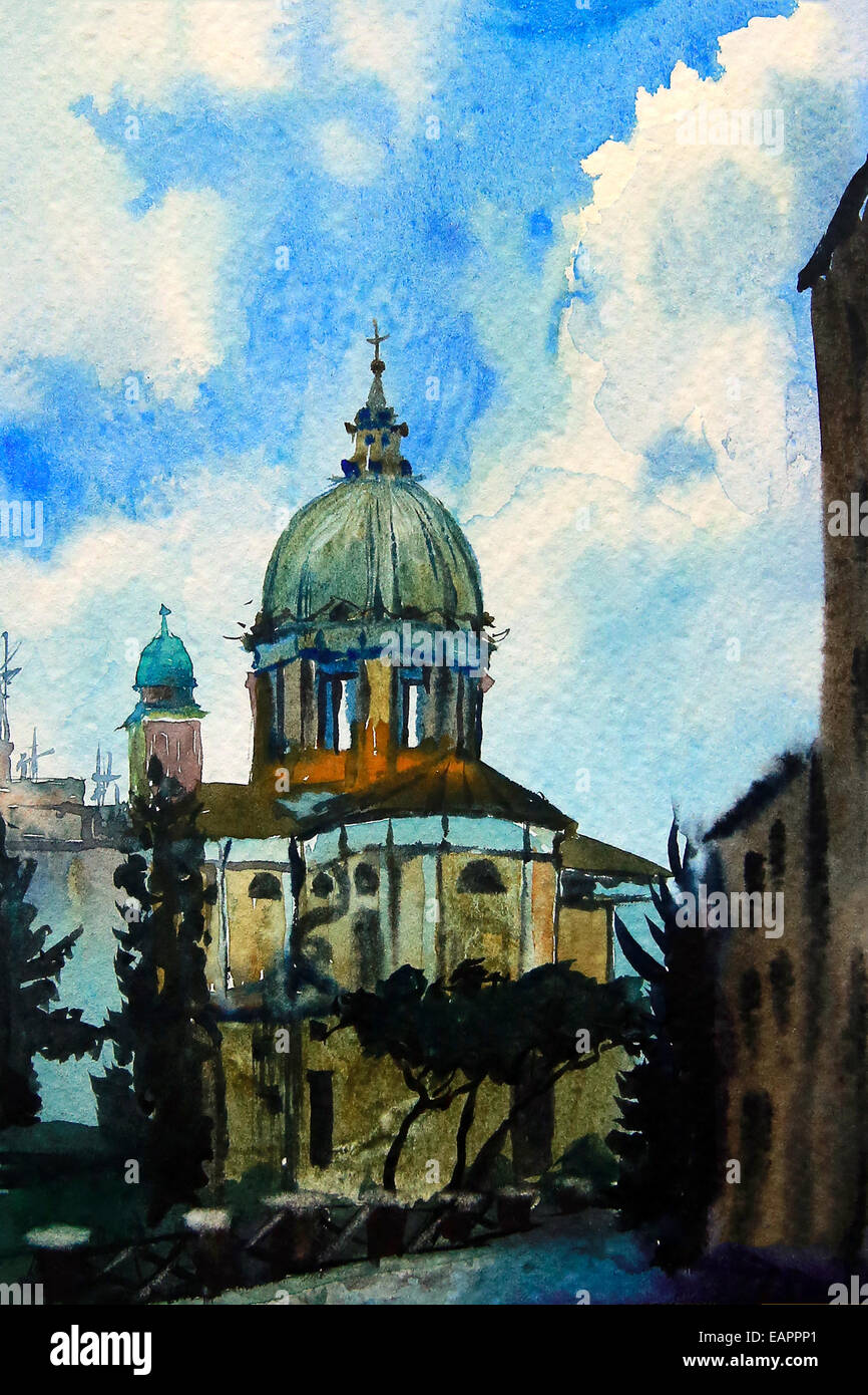 Aquarelle peint photo de l'église San Rocco, Rome, Italie. Banque D'Images