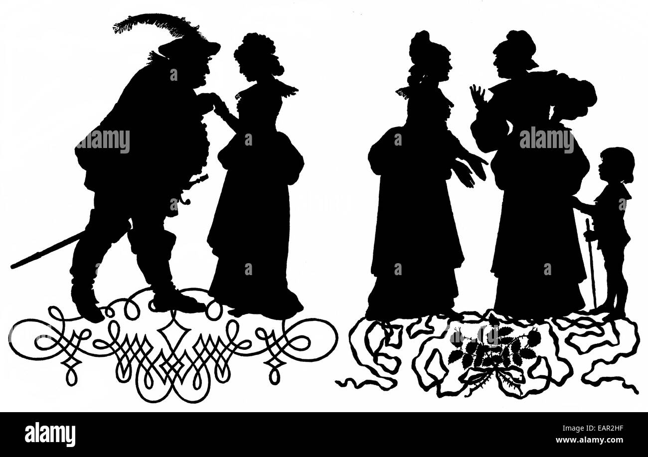 Falstaff et ses compagnons en silhouette par P. Konewka, Fallstaf und seine Gesellen, Les Joyeuses Commères de Windsor, une comédie de Wi Banque D'Images