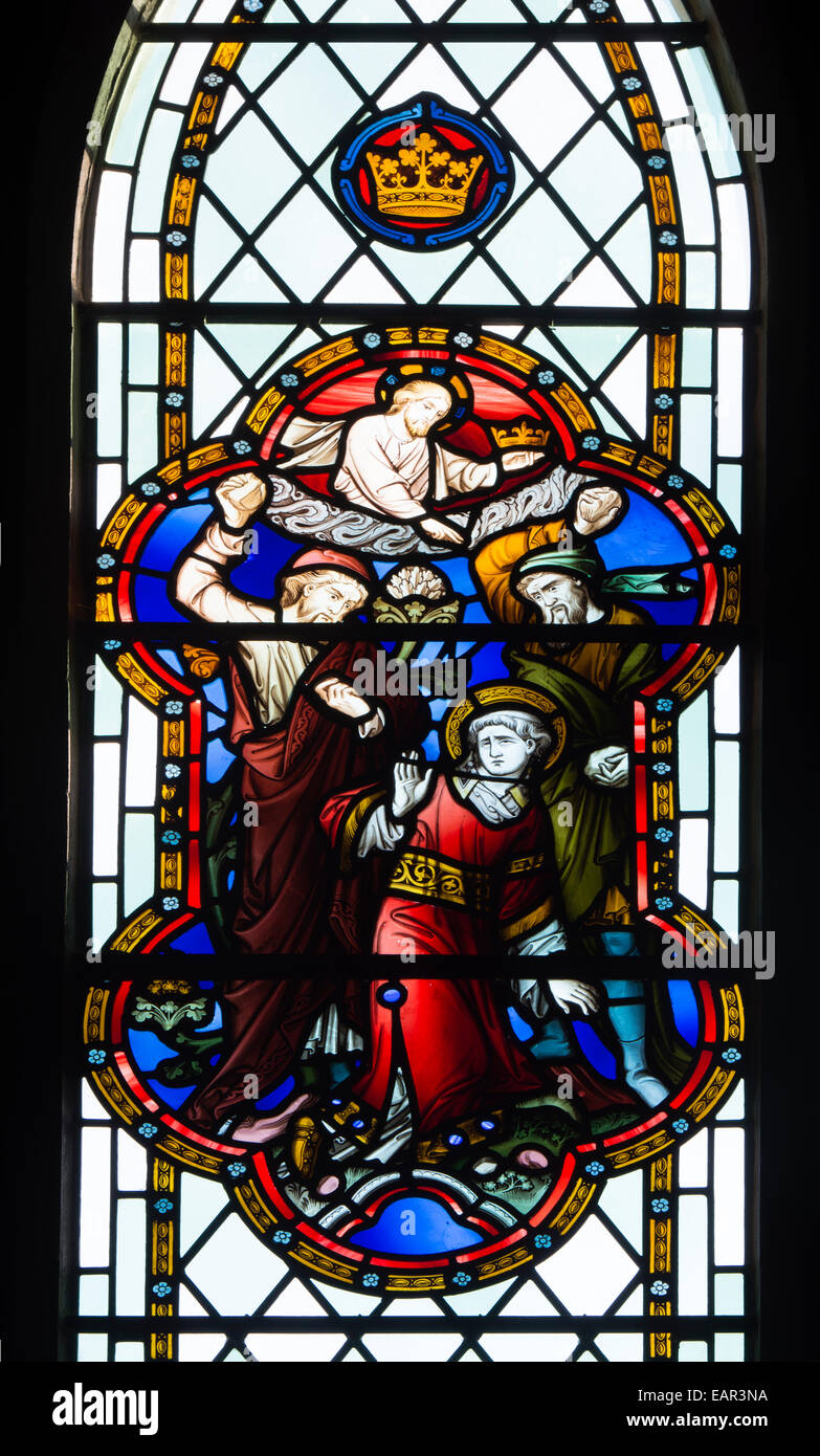 La lapidation de saint Etienne vitraux dans la Cathédrale de Worcester, Royaume-Uni Banque D'Images