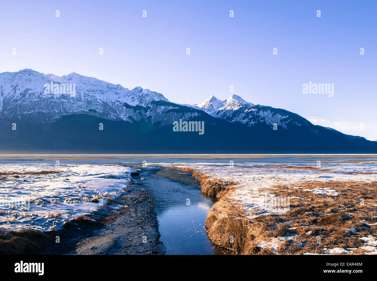 L'eau qui coule à l'entrée d'Chilkat près de Haines en Alaska après le premier gel avec une montagne en arrière-plan. Banque D'Images