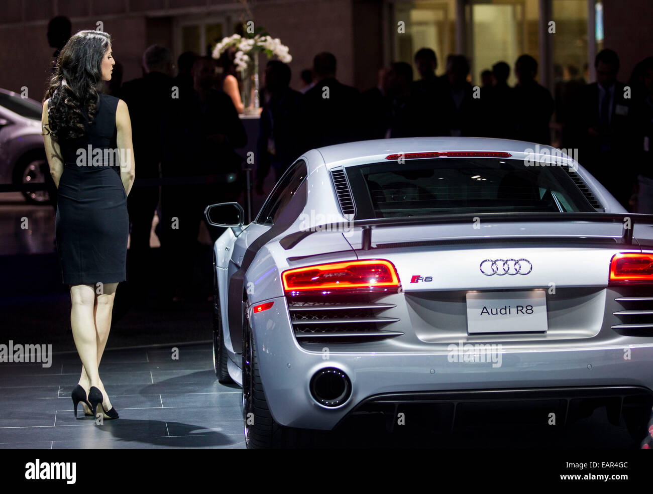 Los Angeles, USA. 19 Nov, 2014. Un modèle est à côté d'une Audi R8 au cours de la prévisualisation des médias journée au 2014 Los Angeles Auto Show de Los Angeles, le 19 novembre 2014. © Zhao Hanrong/Xinhua/Alamy Live News Banque D'Images