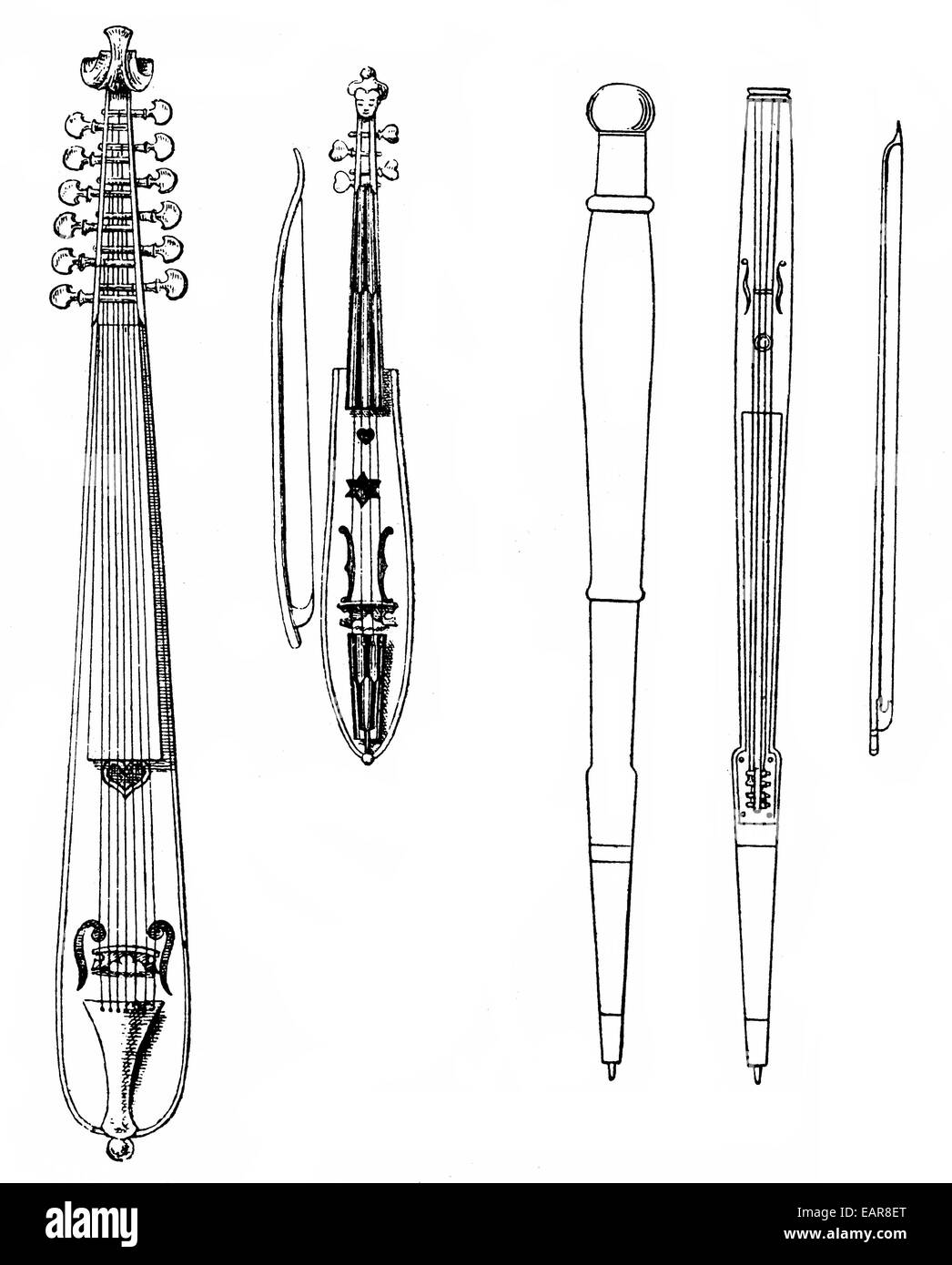 Divers instruments à cordes, les anciennes formes du violon, pochette, maître à danser, le violon de poche ou kit violon, 17e siècle, ve Banque D'Images
