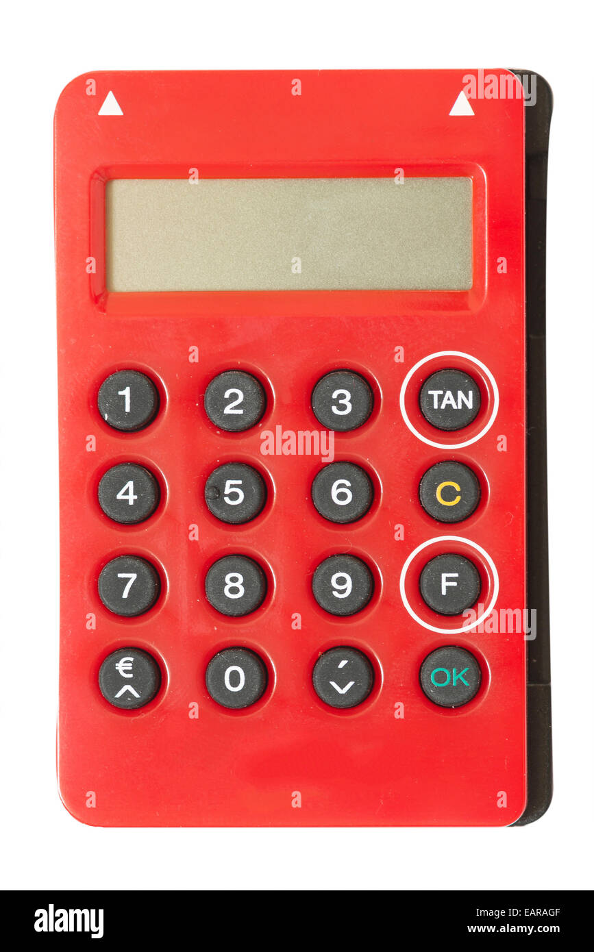 Générateur de code PIN TAN calculator in front of white background Banque D'Images