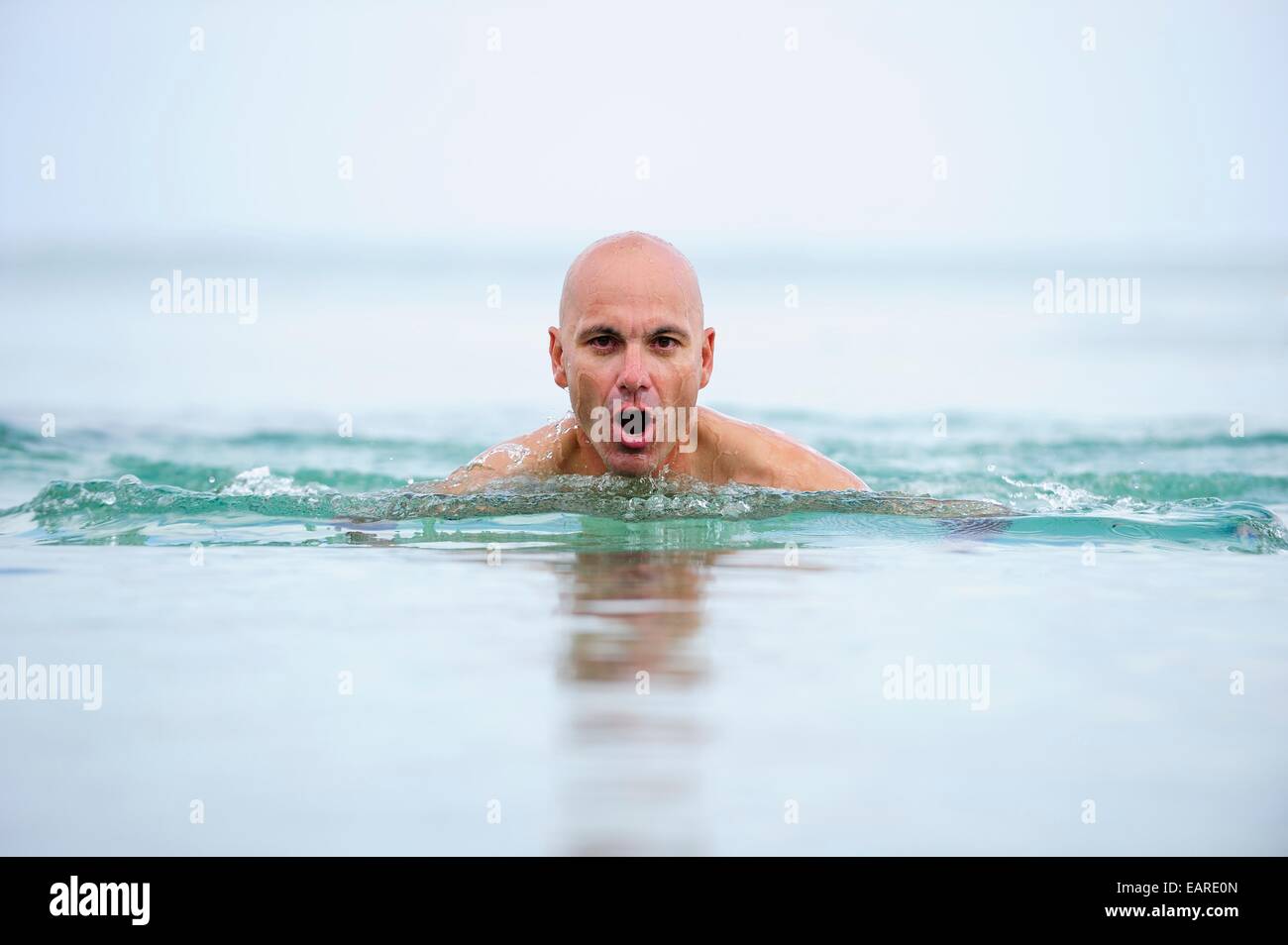 L'homme, début de la quarantaine, faire breaststrokes au travers de la mer Banque D'Images